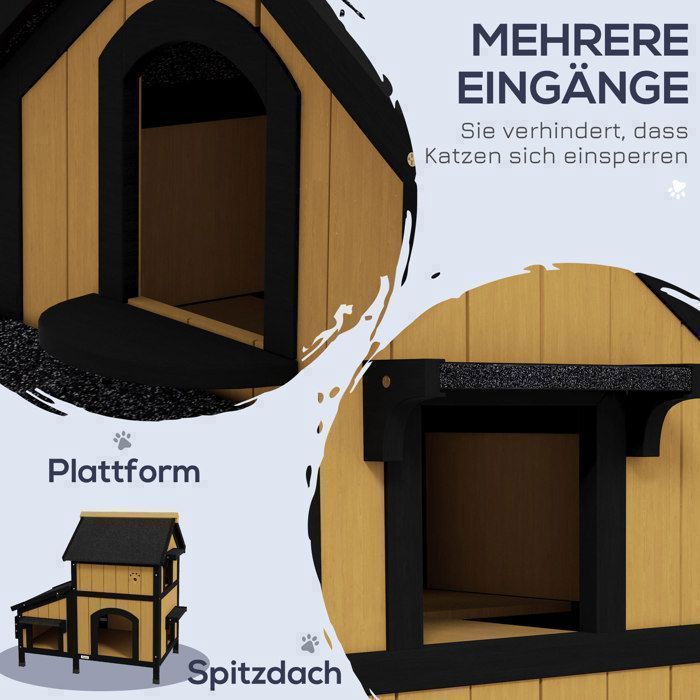 Yellow Wooden Cat House, FloraGrace 2-Story Outdoor Kennel, For Garden and Terrace, Easy to Assemble, 96x65x85.5cm