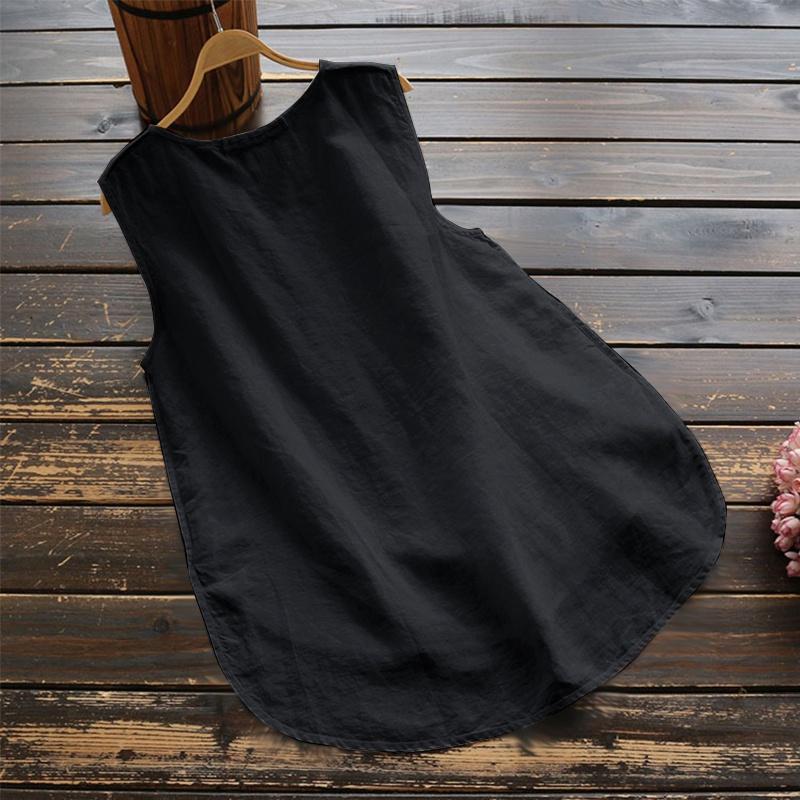 Danmo Women O Neck Sleeveless Tank Tops Floral Printed Cotton Linen T-Shirt