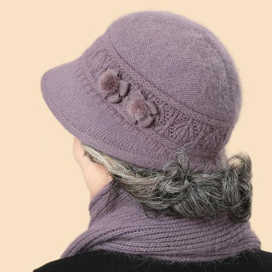 2 stk/sett Damehatt Skjerfsett Ensfarvet Blomsterdekor Elastisk Strikket Bøttehatt Varmt Langt Skjerfsett Tilbehør for Kaldt Vær