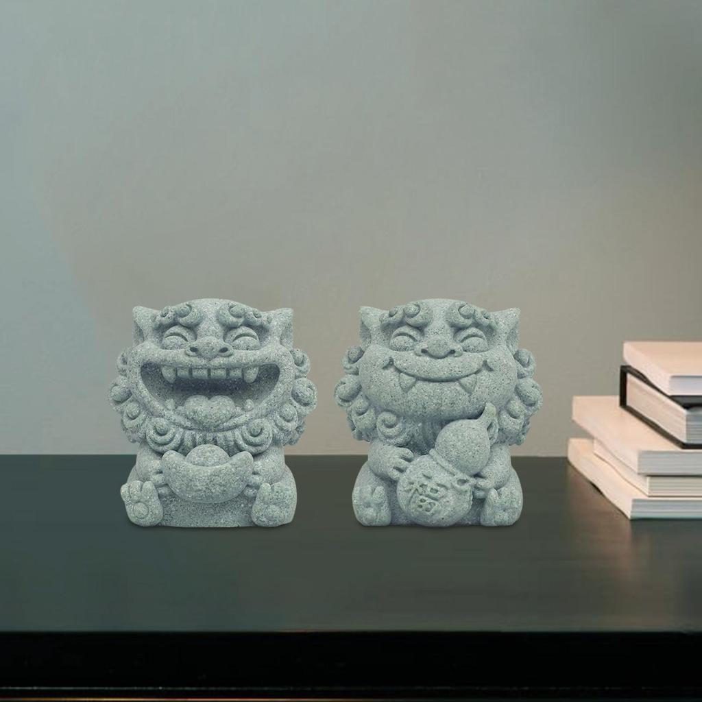 2x Mini Lion Statue Figurine Chinese Figurine Stone Sculpture Carving for Dollhouse Miniature Tabletop Entryway Garden Bedroom