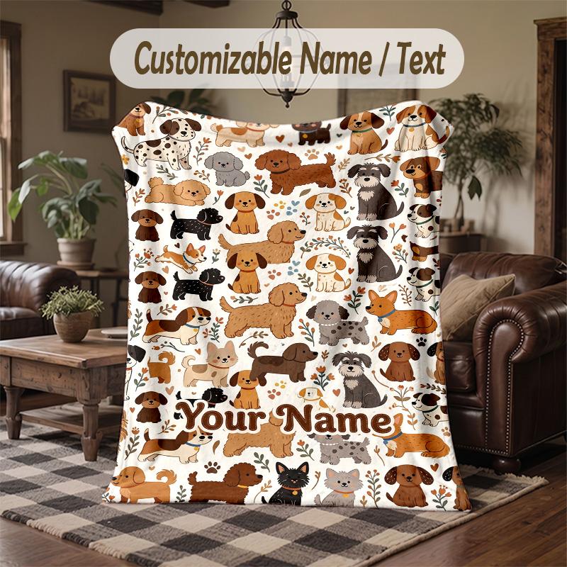 Dogs Background Theme Throw Blanket Custom Name Text Personalized Blanket Soft Cozy Blanket for Home Sofa Bed