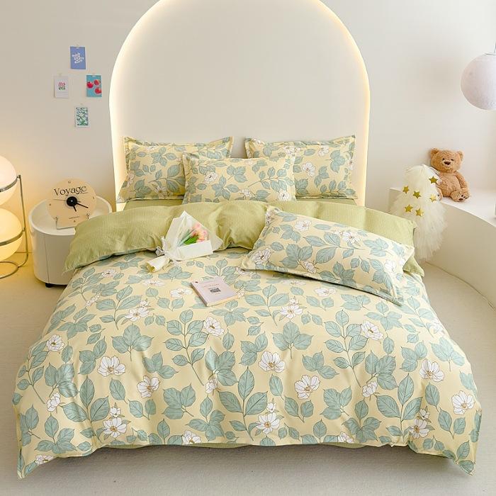 Class A Maternal Infant Grade Small Fresh Pure Cotton Abraded 4-Pcs Set, Skin-Friendly Bed Sheet Washed Cotton Quilt Cover, Dormitory 3-Piece Set