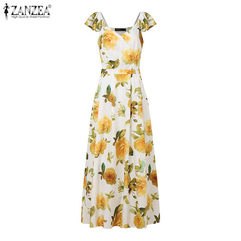 ZANZEA Vestido Casual de Mujer con Cuello en V, Manga Corta y Estampado Floral