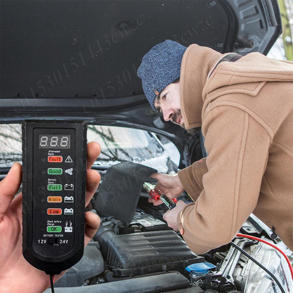12V 24V Car Battery Tester Alternator Tester Portable Digital Car Motorcycle Battery Load Tester 6 LED Indicator Car Accessories