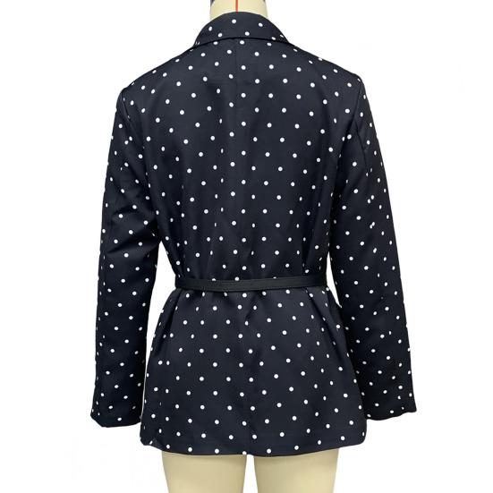 Yousheng Women Suit Coat Lapel Long Sleeve Dot Print Buttons Placket Suit Jacket with Belt Versatile Urban Style Business Workwear