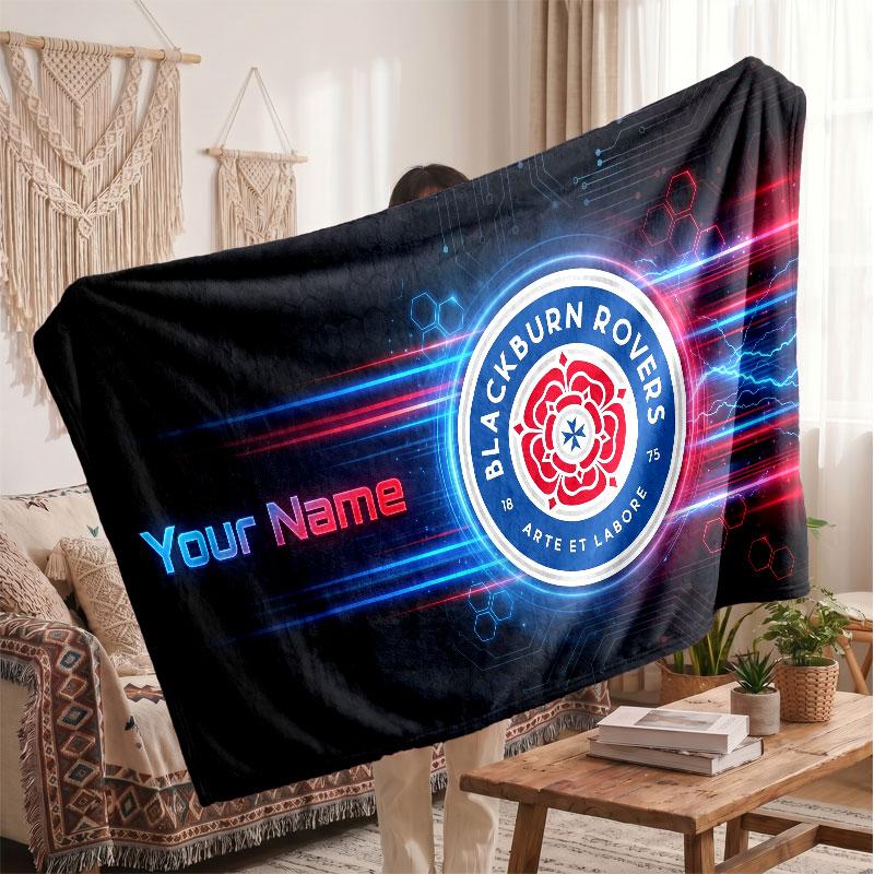 Blackburn Rovers FC Personalized Fleece Blanket With Football Logo, Custom Name Text Soft Warm Home Throw Blanket