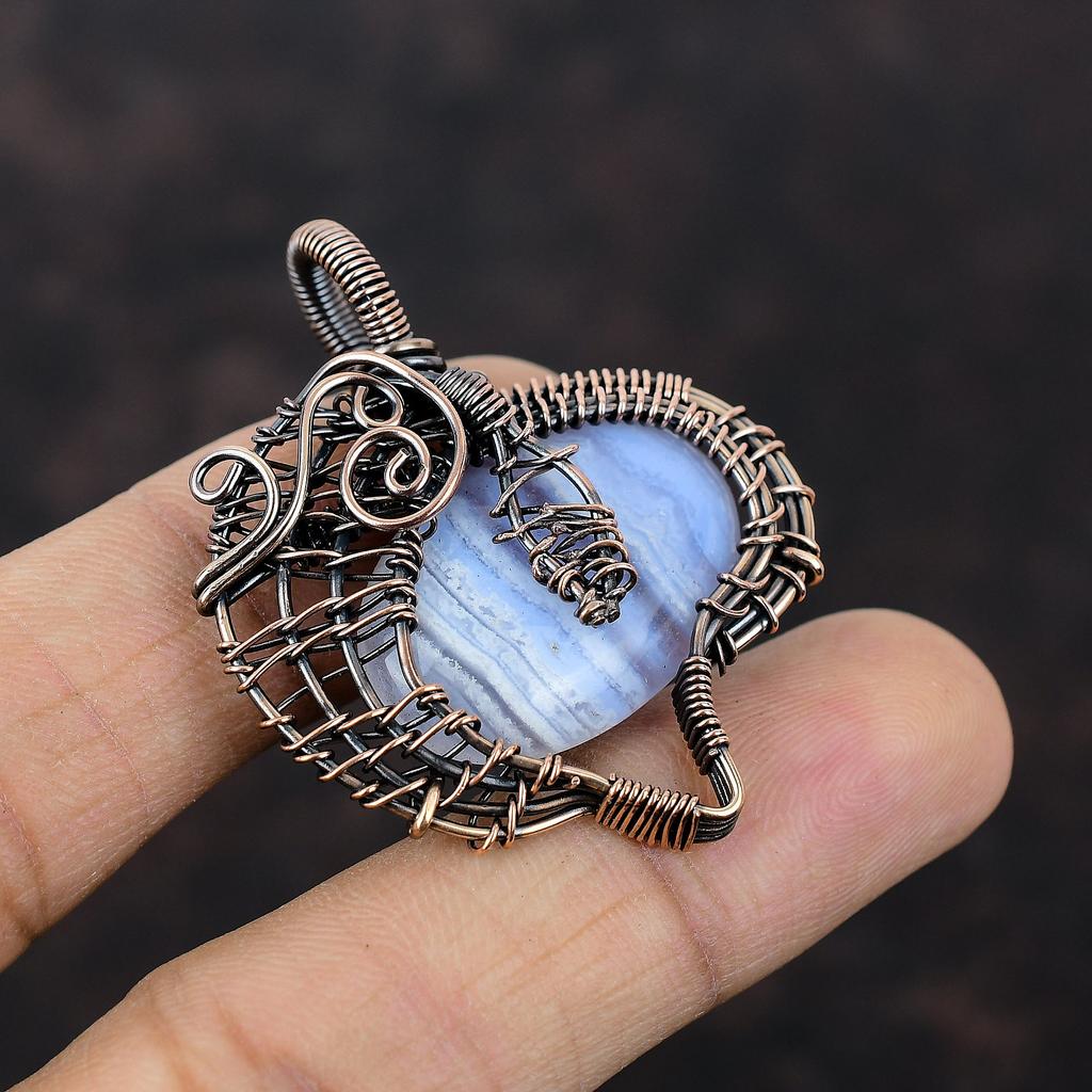 Blue Lace Agate Pendant Copper Wire Wrapped Gemstone Pendant Handmade Pendant Copper Wire Wrap Jewelry Wedding Gift Blue Lace Agate Jewelry