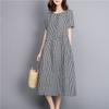 Cotton and Linen Black and White Small Plaid Long Knee Dress Women's Short-sleeved Literary Loose and Thin Skirt Retro Small Check Soft Cotton Dress