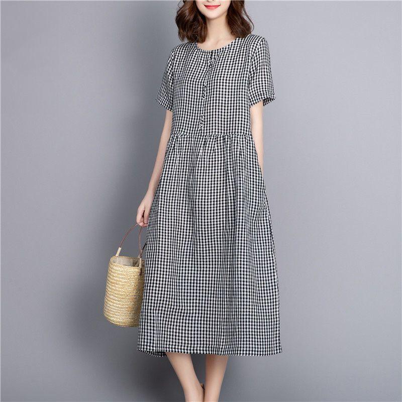 Cotton and Linen Black and White Small Plaid Long Knee Dress Women's Short-sleeved Literary Loose and Thin Skirt Retro Small Check Soft Cotton Dress