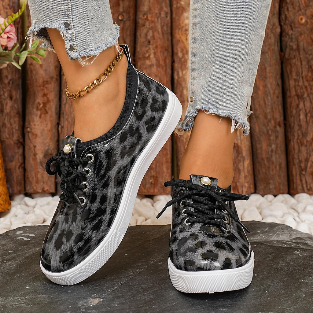 Plus Size Leopard Print Thick Soled Vulcanized Shoes Women, Non Slip Sports Casual Shoes, Lace Up Height Increasing Single Shoe