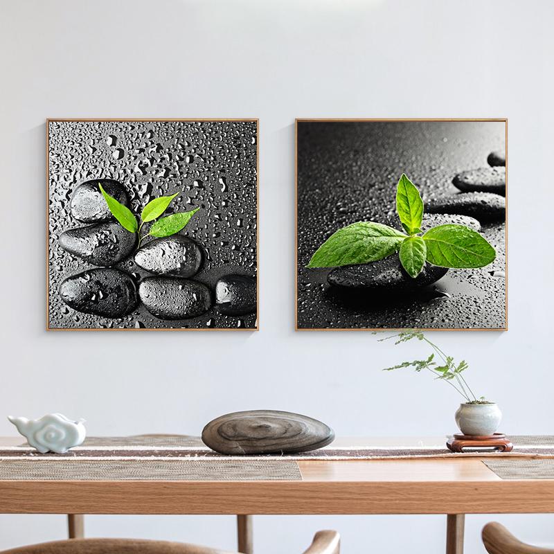 Schwarzer Zen-Stein, Leinwandmalerei, Wandkunst, grüne Blätter, Wandbilder, Wasser-Spa, Poster und Drucke für Wohnzimmer, Wohnkultur