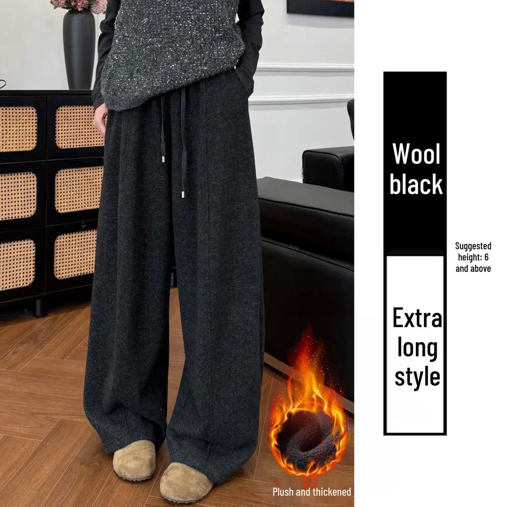 Women's Winter High Waist Loose Woolen Wide Leg Pants - Deep Gray Draping with Plush Lining.