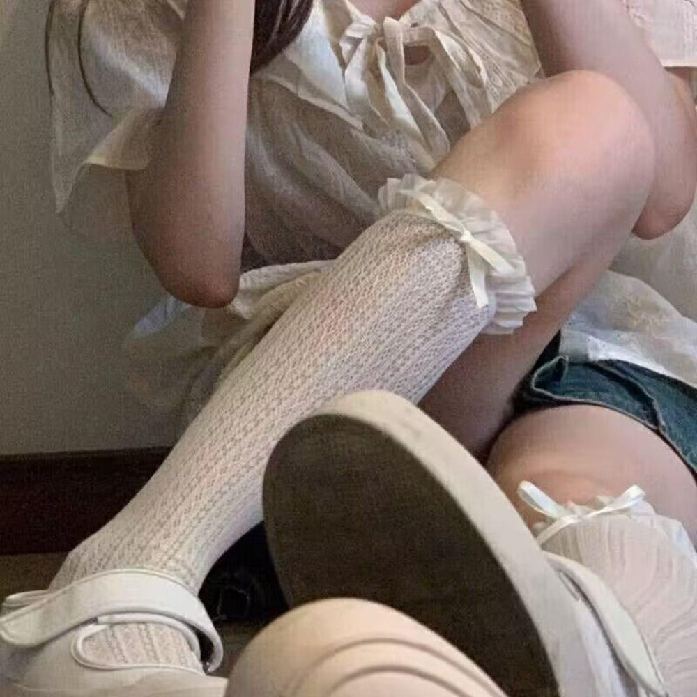 Y2K Black Lace Socks Ultra-thin Knee High Socks Japanese Style Ruffle Socks  Dress