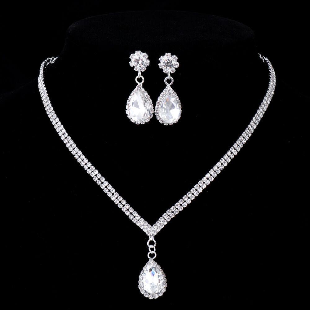 Korean Rhinestone Bridal Jewelry Set: Curve Beauty Necklace & Earrings серебряный