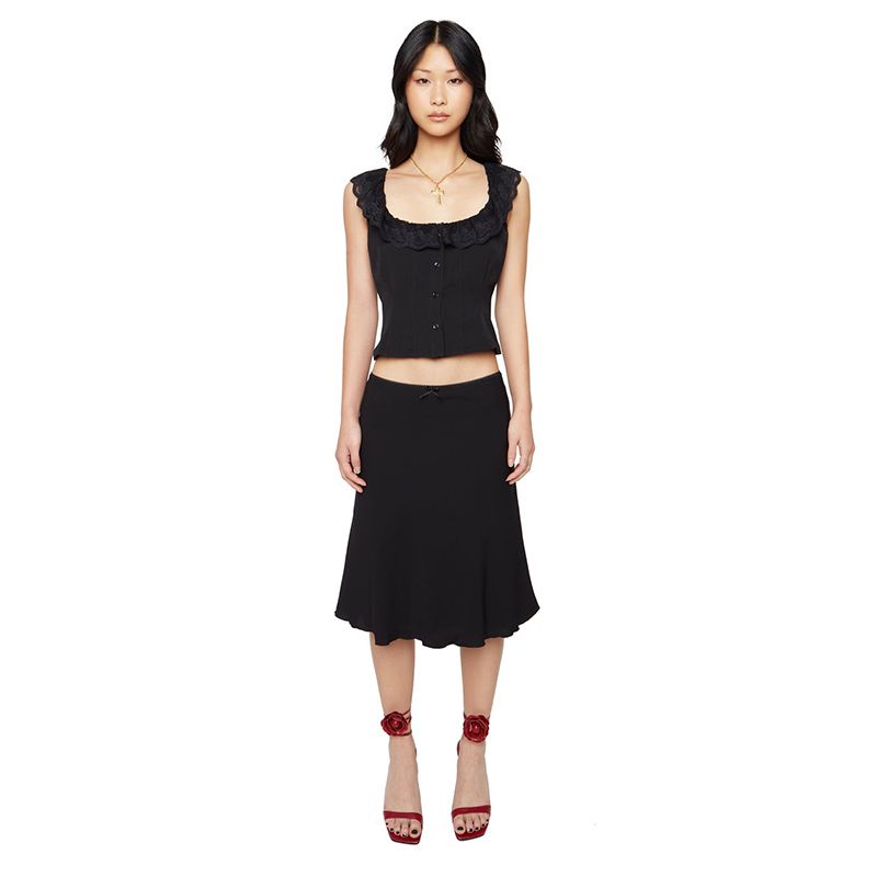 

Shemoda Hemming Square Collar Single Breasted Zipper Lace Black Tops L