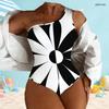 Women Plus Size Asymmetric One Shoulder Black White Printed One Piece Swimsuit
