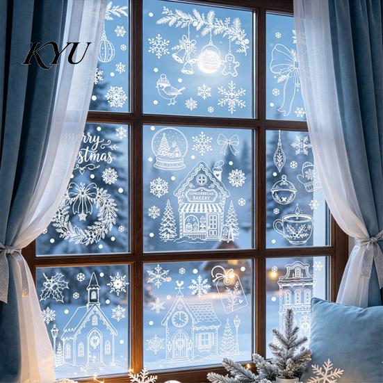 Reusable Gingerbread House Window Clings 9Pcs Christmas Clings, Static Glass Stickers, White Line Hand-Painted Decals for Holiday Home Decorations,