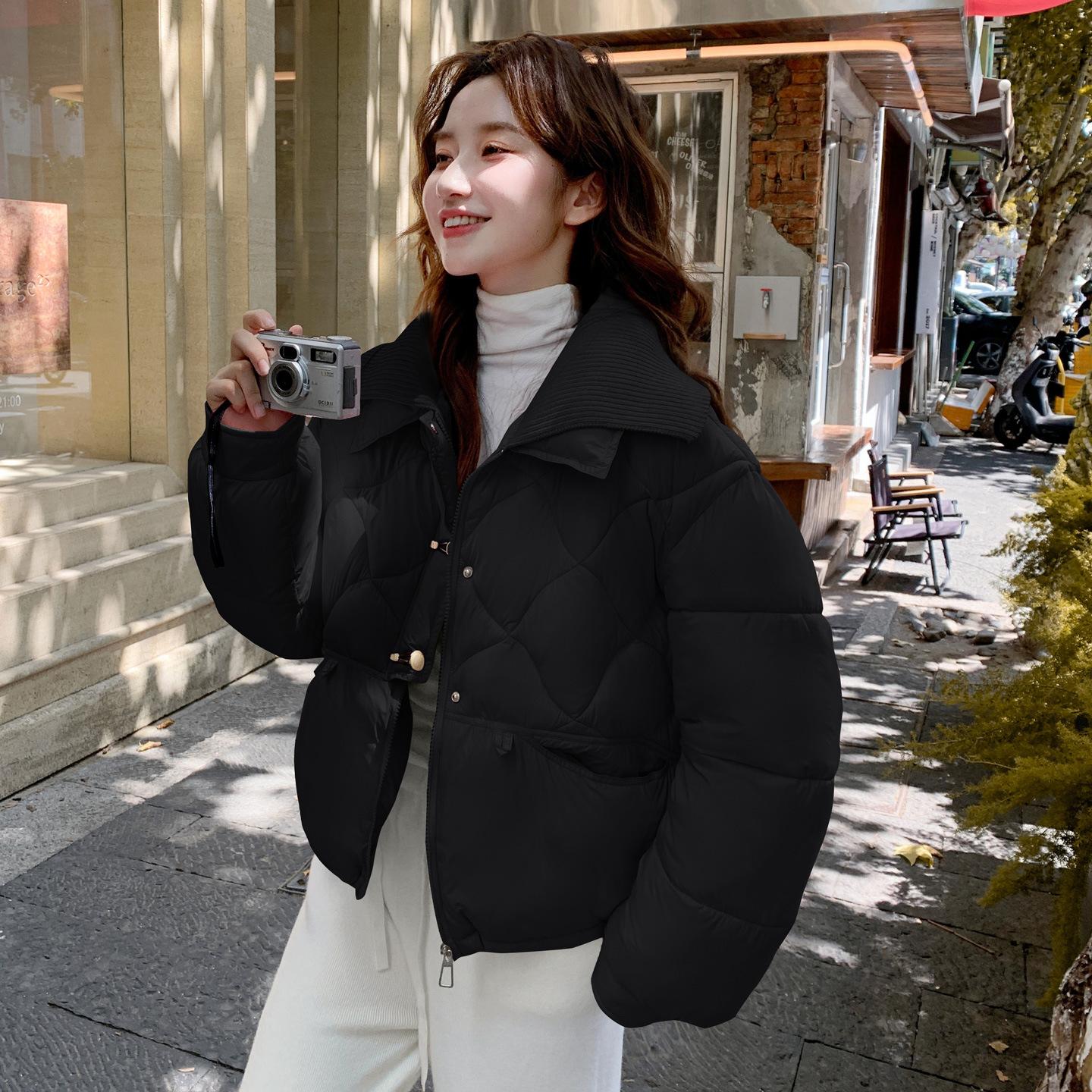 

Winter New Knitted Collar Splicing Cotton Clothes Women s Korean Version Loose and Versatile Fashion Warm Cotton-padded Clothes XXL чёрный