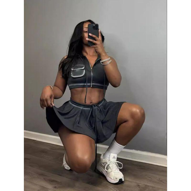 2024 Summer New European and American Sexy Gyaru Sports Girl Casual Zip-up Lace-up Short dress Set Women clothes
