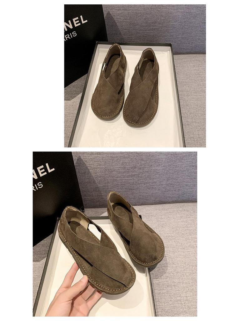 2024 Sommar Mjukt Läder Dam Rund Tå Slip-on Fiskarsandaler, Retrostil, Plusstorlek Finns