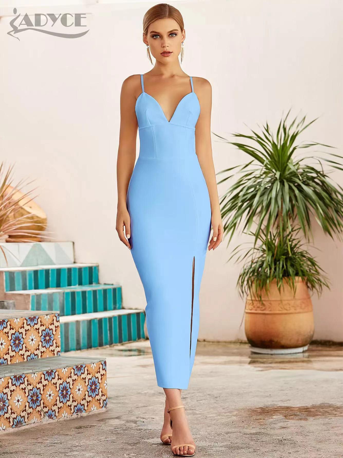 

Women s Sexy Spaghetti Strap Slim-fit Solid Color Evening Dress L небо синє кольору