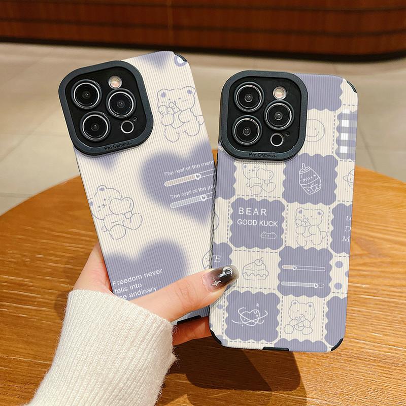 Vertical Grain Leather Cute Cartoon Bear Printed Soft Silicone Phone Case Back Cover with Camera Lens Full Protection for Samsung