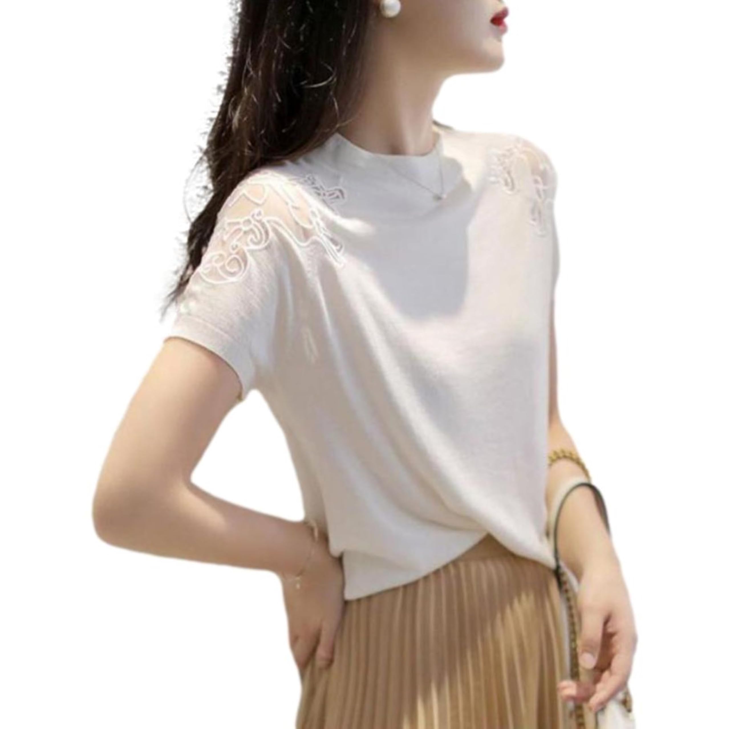 

Летний вязаный топ для короткого кружева круглый прохладный круглый зрелый милый и красивый зрелый офис [синий берилл] женщины, рукава, переключение, прозрачный, шея, белый