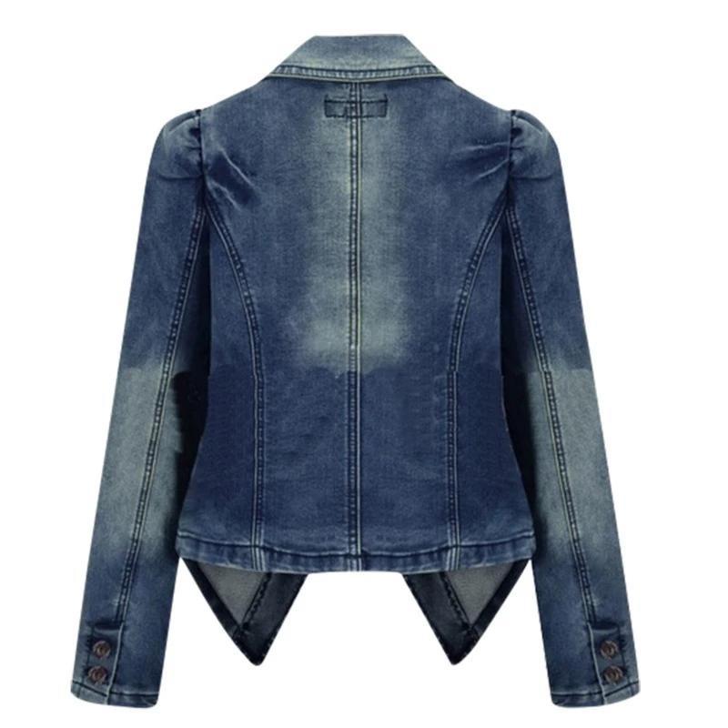 Women Pocket Button Denim Jacket Patchwork Turn-Down Collar Femme Jeans Coat Autumn Fashion Outwear
