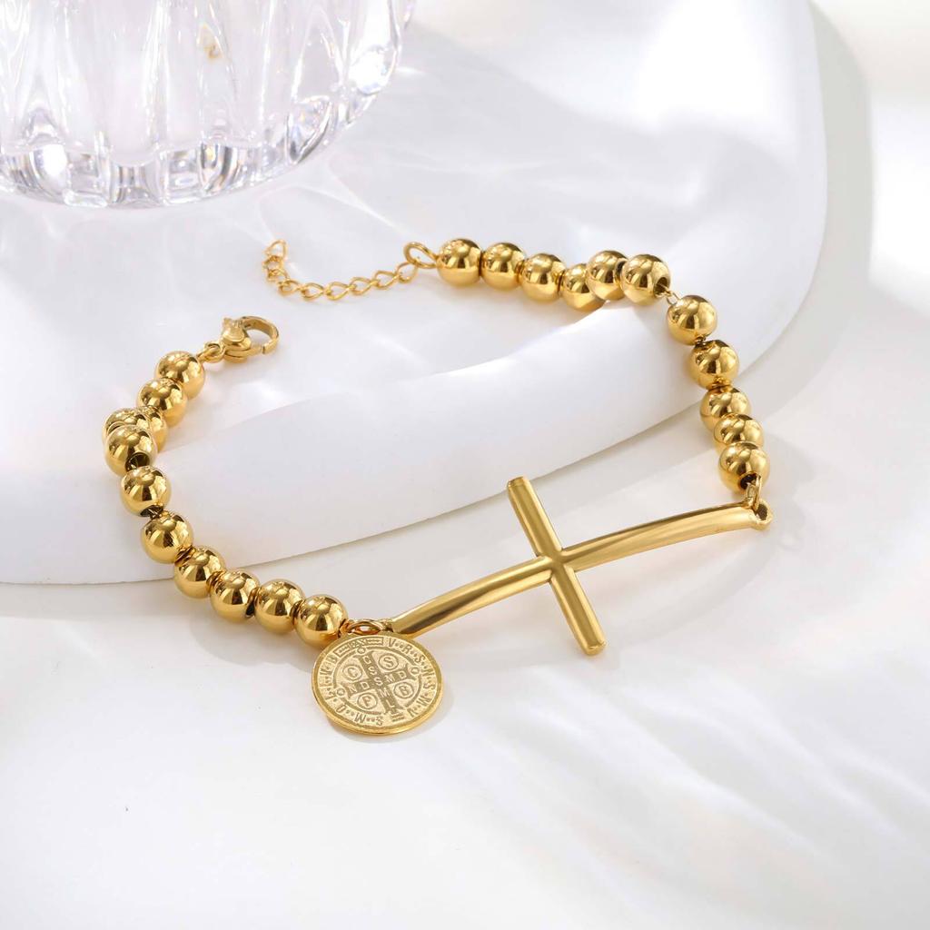 Vnox Heilige Maria St. Benedikt Kreuz Armband für Damen, Edelstahl Goldfarbe Perlenketten Armbänder, Christus Gebets Schmuck