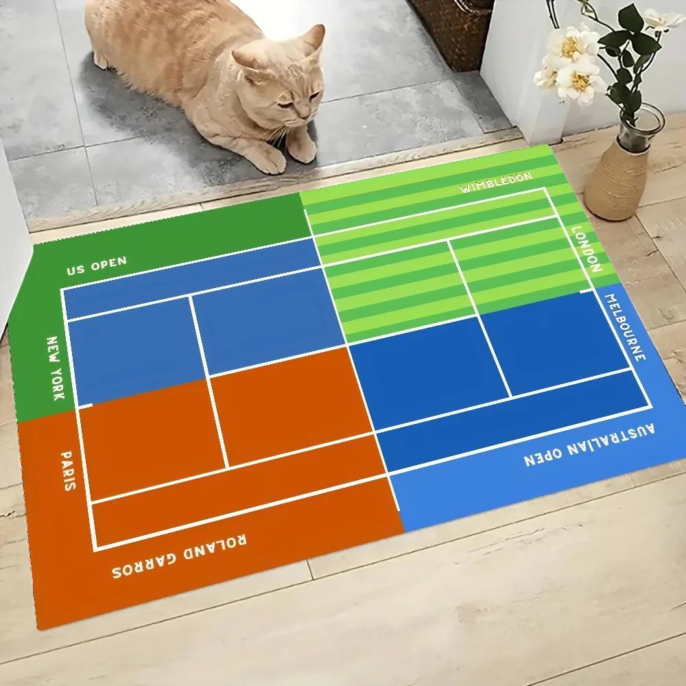 Tennis Court Net Ball Green Blue Graphic Printed Flannel Doormat Non-Slip Bathroom Kitchen Entrance Carpet Decor Floor Mat