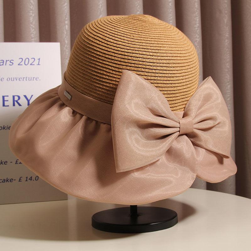 Bowknot Straw Hat Elegant Solid Color Sun Hats Style Summer Travel Beach Hats for Women
