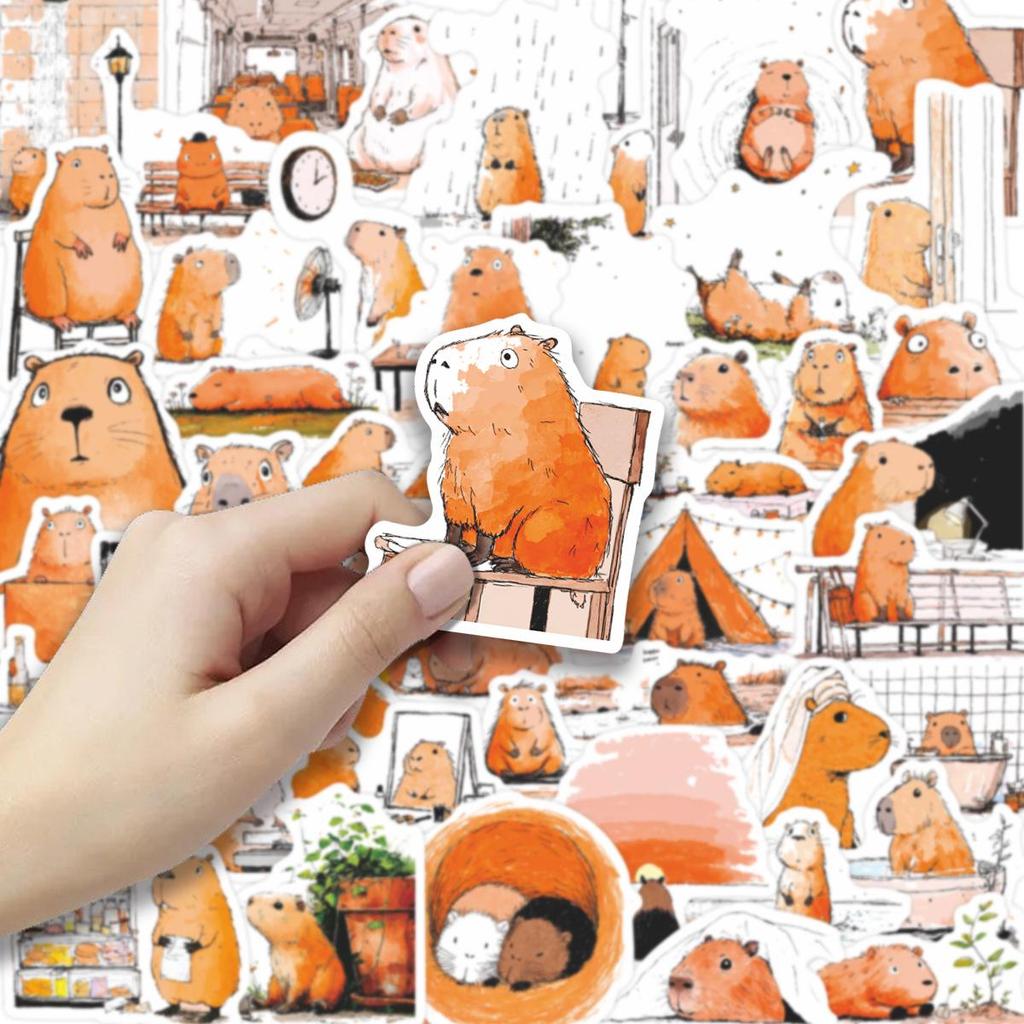 50 Healing Hand-painted Capybara Sticker Sheets: Cute Cartoon Decorations for Journals and Notebooks
