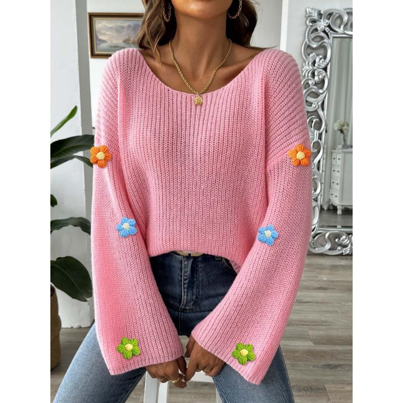 Women's Autumn/winter Hand-hooked Floral Patchwork Sweater with Simple Loose One-line Neck Off-the-shoulder Flared Sleeves