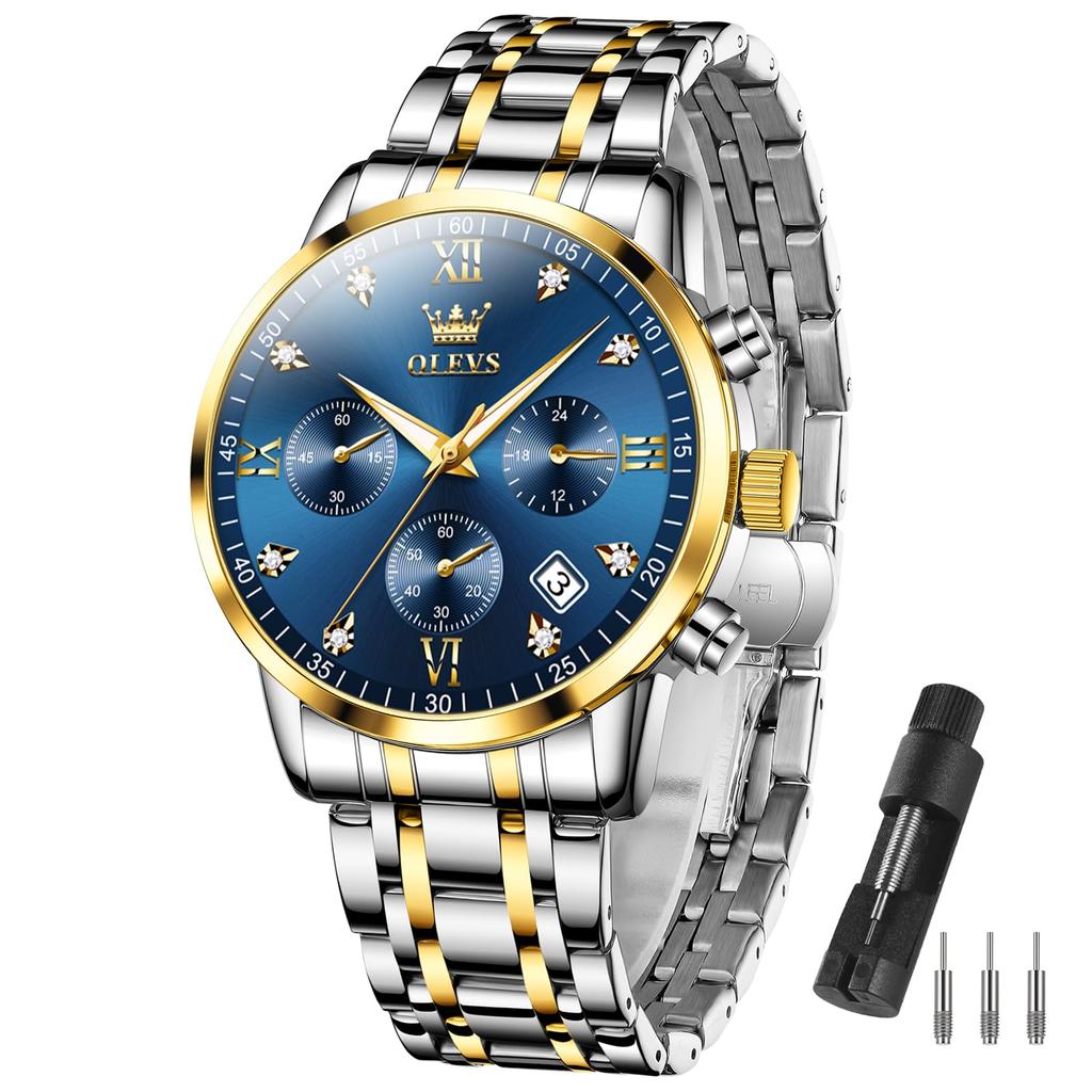 OLEVS Quartz Analog Waterproof Watch with Silver Stainless Steel Stylish and Popular for Business and Casual Blue Dial Men's Band, Wear,