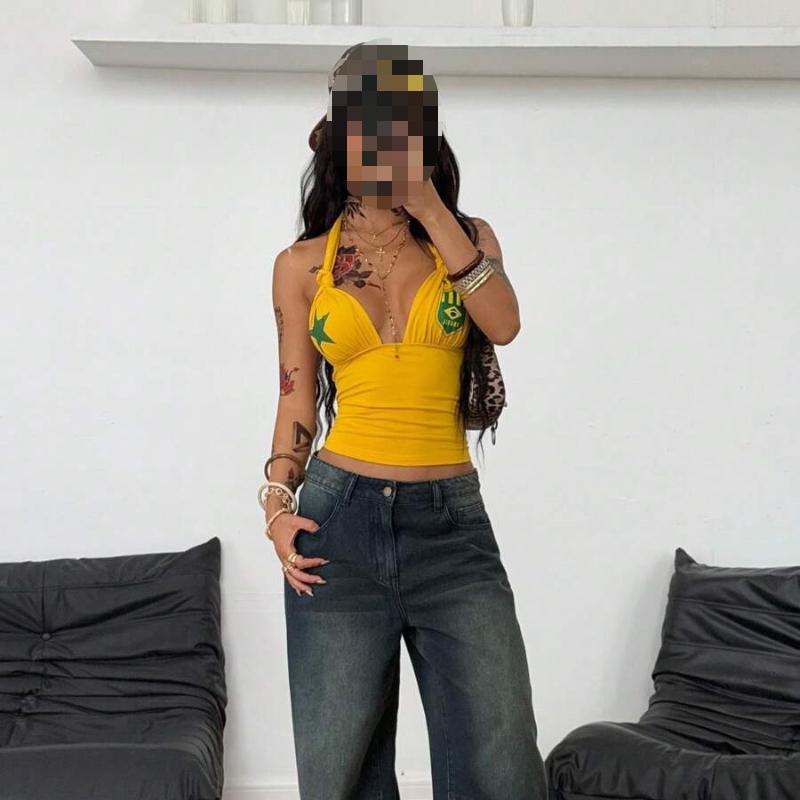 Summer Street Design Hanging Neck Sleeveless Short Printed Vest