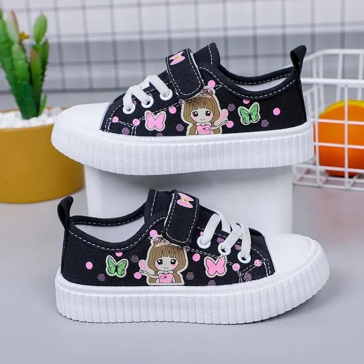 

Children s Cartoon Canvas Shoes Women s Casual Flat Sports Shoes Student Lightweight Running Board Shoes Kids Comfortable Sneake 26 чёрный