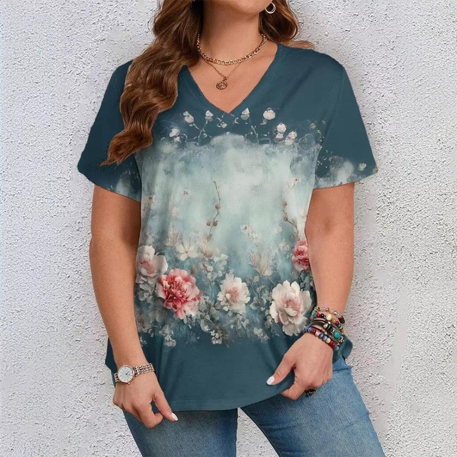 Lässiger Vielseitiger Modetrend Hochwertiges Blumenmuster Kurzärmeliges V-Ausschnitt T-Shirt