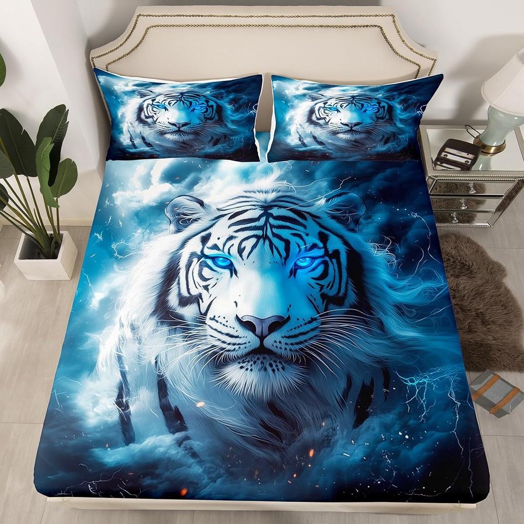 Tiger Bed Fitted Sheet Set Double Size,Tiger Print Fitted Sheet for Kids Boys Girls Wildlife Bedding Set Wild Animal Bed Cover