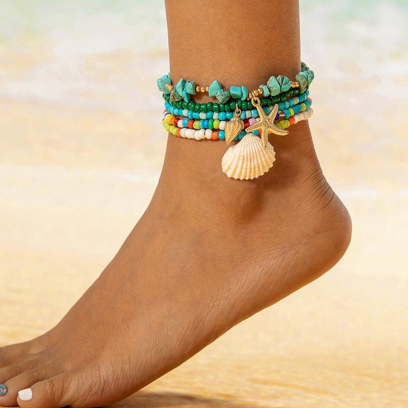 Богемный набор плетеных браслетов на лодыжку из ракушек и морских звезд, пляжный стиль, неровный гравий, рисовые бусины, украшение для ног женское