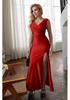 Vestido Satinado de Color Sólido Europeo y Americano Delgado con Abertura y Diseño ceñidor de Cintura
