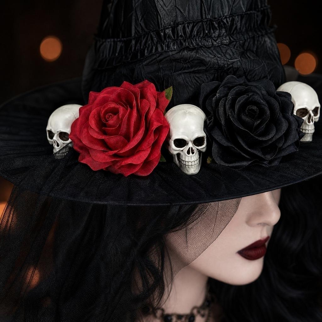 Halloween Witch Hat with and Rose Mesh Decorative Costume Hat for Party