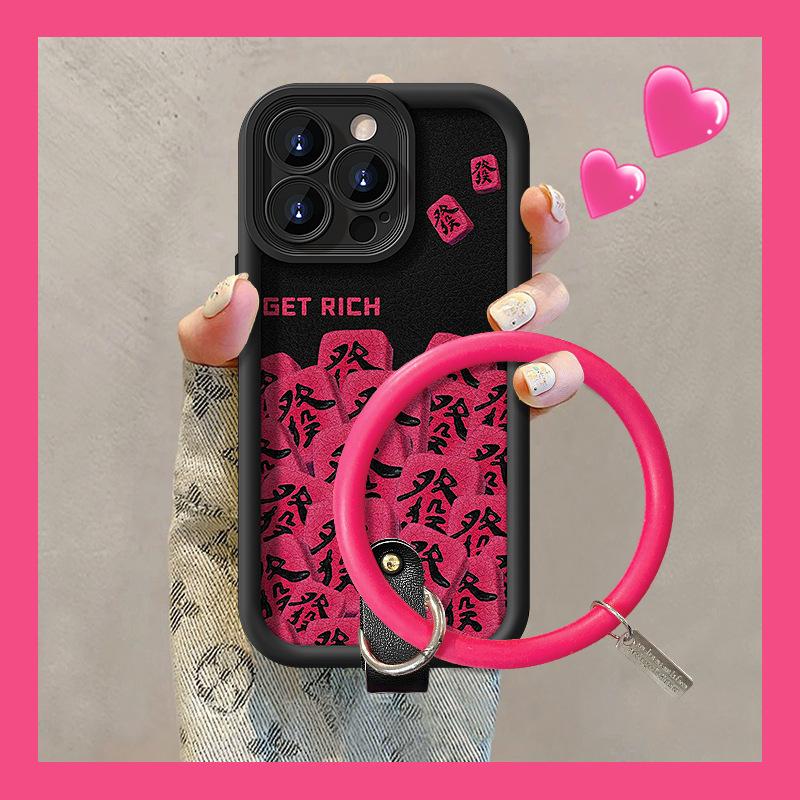 Rose Red Mahjong Hair Bracelet Suitable for Apple 16PRO Lambskin Mobile Phone Case 15/14 Fine Hole Silicone Anti-fall Creativity
