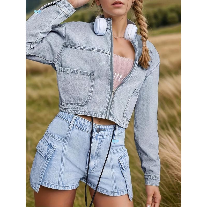 Women's Casual Cropped Denim Jacket with Pockets
