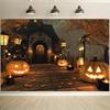2D flat banner  1 Halloween pumpkin lantern path background - horror house and autumn leaves theme  no power required