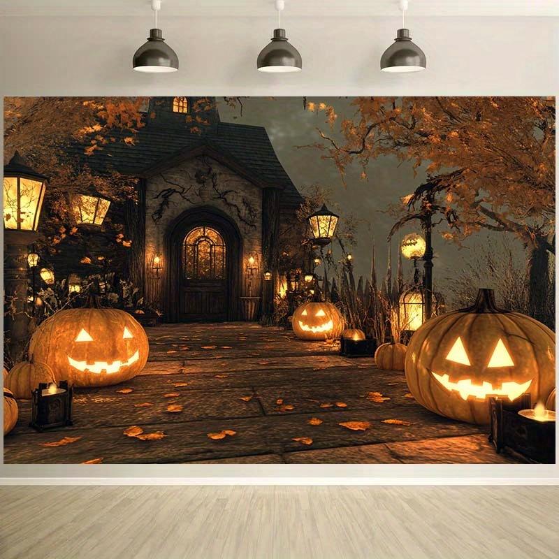 2D flat banner 1 Halloween pumpkin lantern path background - horror house and autumn leaves theme no power required