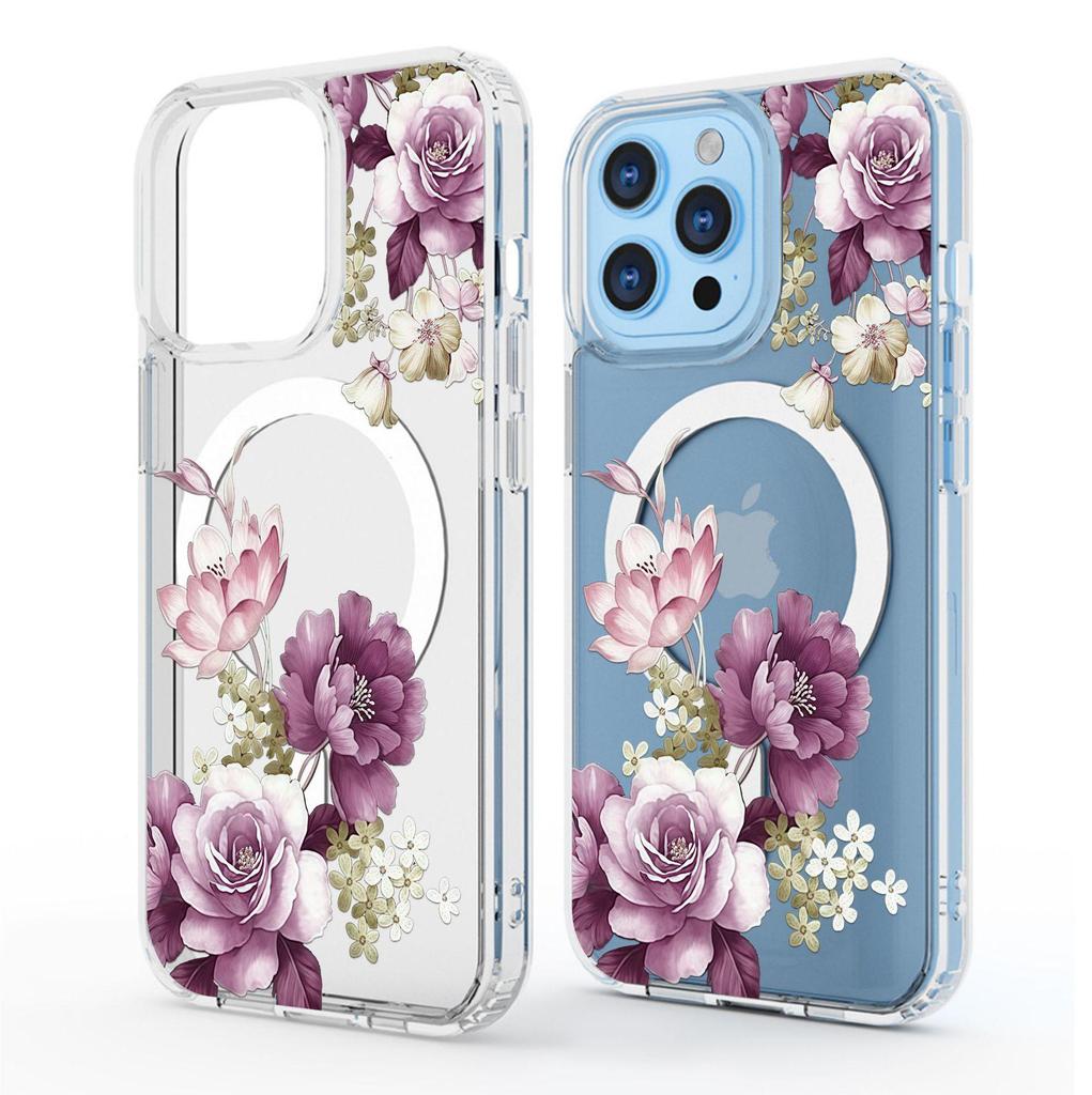 Purple Flower Magnetic Case for iPhone 15/16/17 Pro Max - Transparent Full Coverage