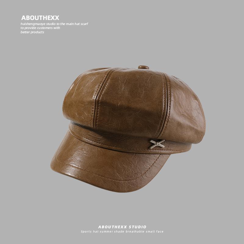 Hat Women's Face-showing Small PU Leather Octagonal Hat New Navy Beret British Retro All Match Newsboy Hat