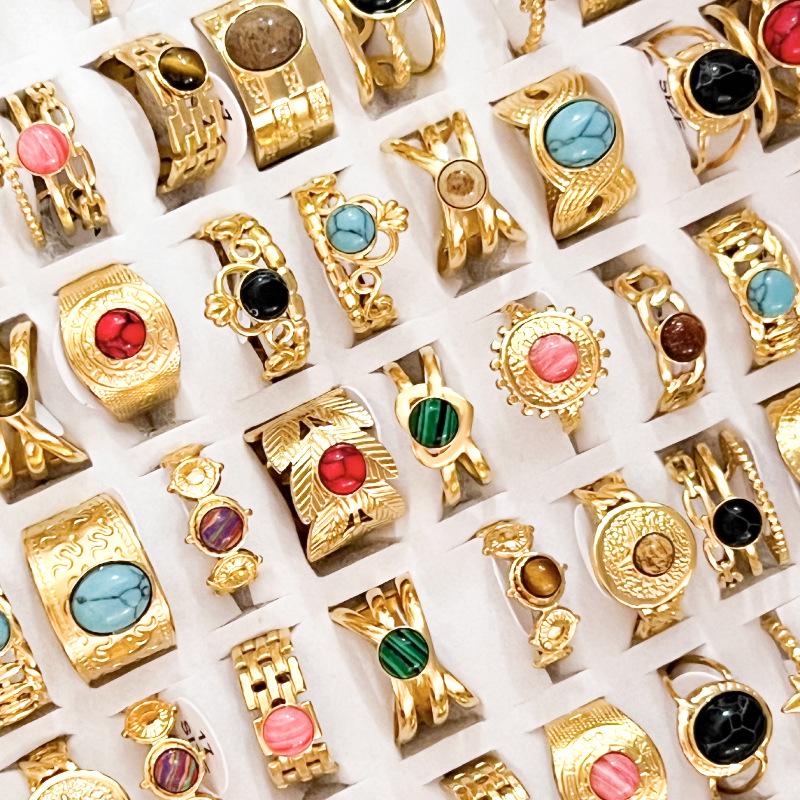 European-American Retro French Natural Stone Stainless Steel Ring Set