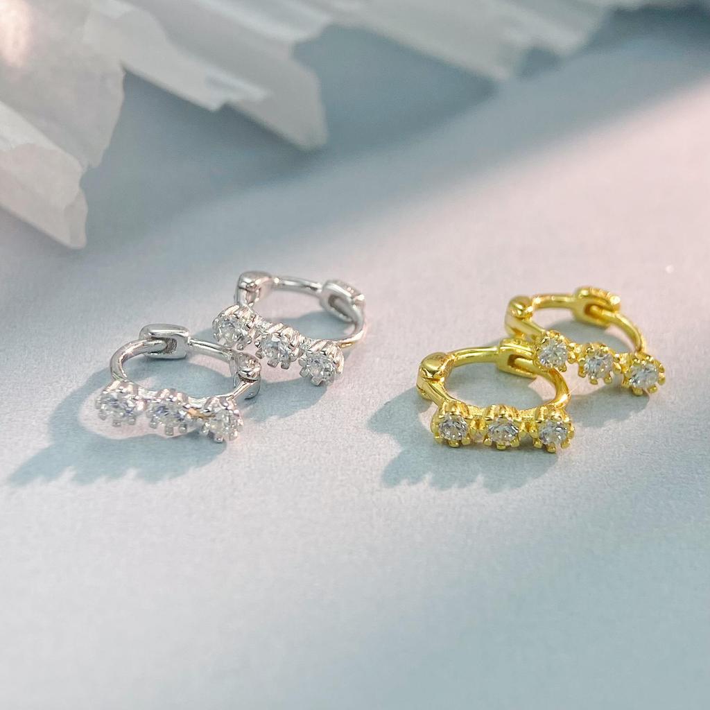 S925 Sterling Silver Luxury Hoop Earrings with Three Zirconia Studs - Elegant Niche Design for Everyday Wear