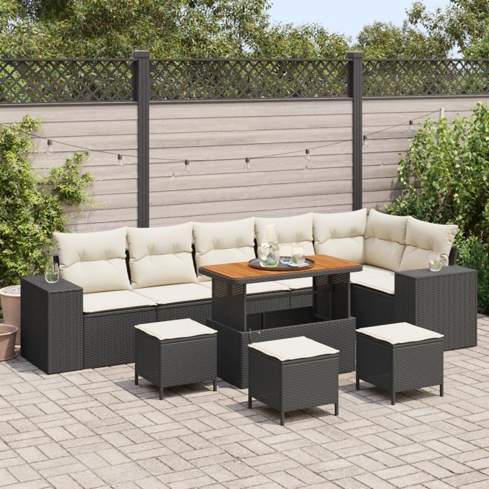 Jeu de canapé jardin 10 pièces avec coussins en poly rotin noir acacia, jeu de salle à manger jardin 4 pièces avec coussins 3362030